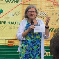 Sister Simone Campbell at Nuns on the Bus rally in Bloomington, IL