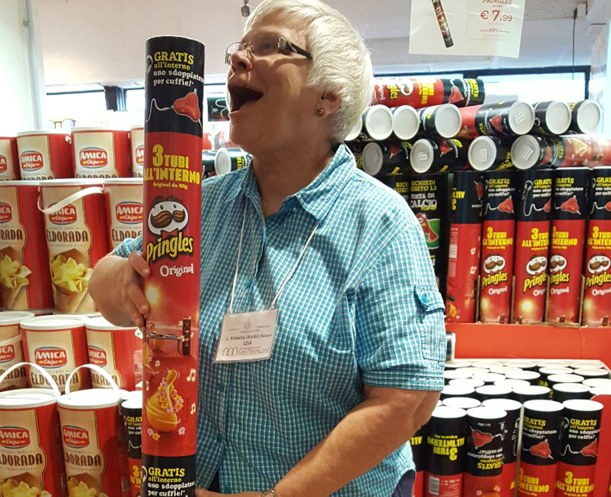 Sister Bobbi looks forward to digging into this giant Italian can of Pringles!!